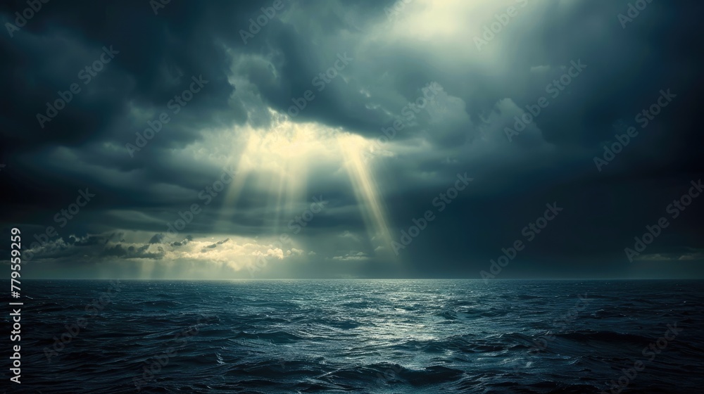 Sinister Horizon: Subtle Sun Rays Shine Through After a Dark Storm over the Open Ocean