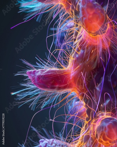 Spindle fibers forming during prometaphase, stark lighting, frontal angle, scientific illustration photo