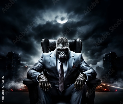 A gorilla in a full-length business suit exudes authority and elegance, set against a dark, mysterious backdrop for a commanding portrait, Futuristic