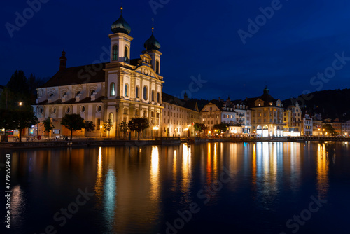 Lucerne  Luzern  panorama at night with view of Jesuit church and Reuss River  Switzerland