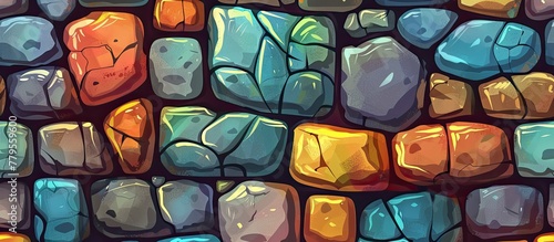 A vibrant cartoon illustration of a symmetrical stone wall with colorful stained glass windows. The pattern and electric blue accents create a unique art fixture for any event photo
