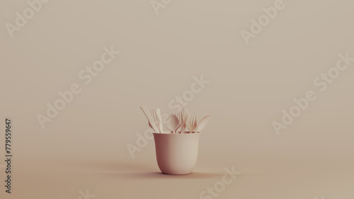 Kitchen utensils assorted neutral backgrounds soft tones beige brown background pottery ceramic 3d illustration render digital rendering