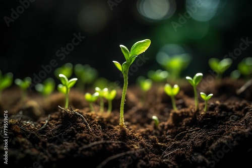 Vibrant sunset casts its light on a field of newly planted seedlings, AI-generated.