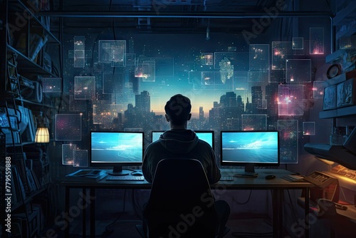 Man in front of a desk, looking attentively at a computer monitor, AI-generated. photo