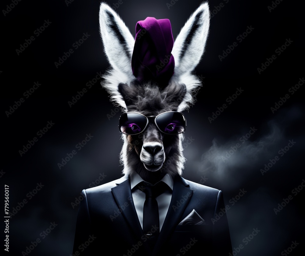 Naklejka premium With a posture of sophistication, an alpaca in a tailored business suit emerges from a dark background, a portrait of elegance and command, Futuristic