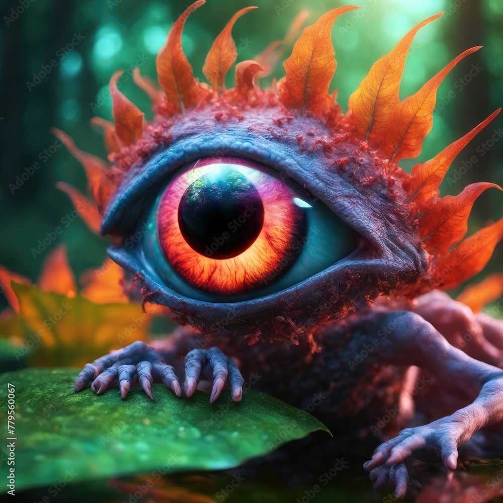 Obraz premium AI generated illustration of A vibrant creature with a large eye with a blurry background