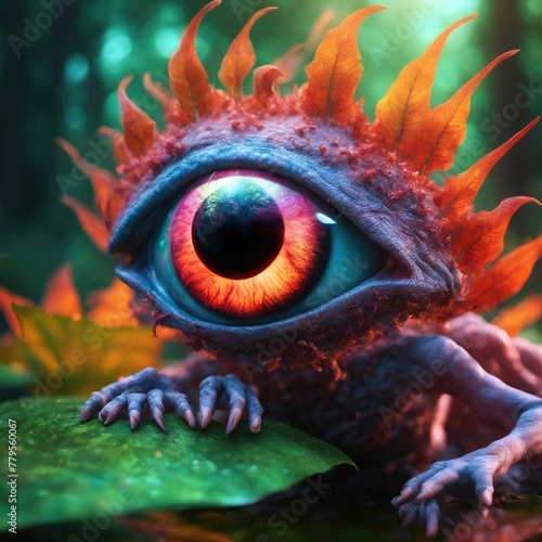 AI generated illustration of A vibrant creature with a large eye with a blurry background