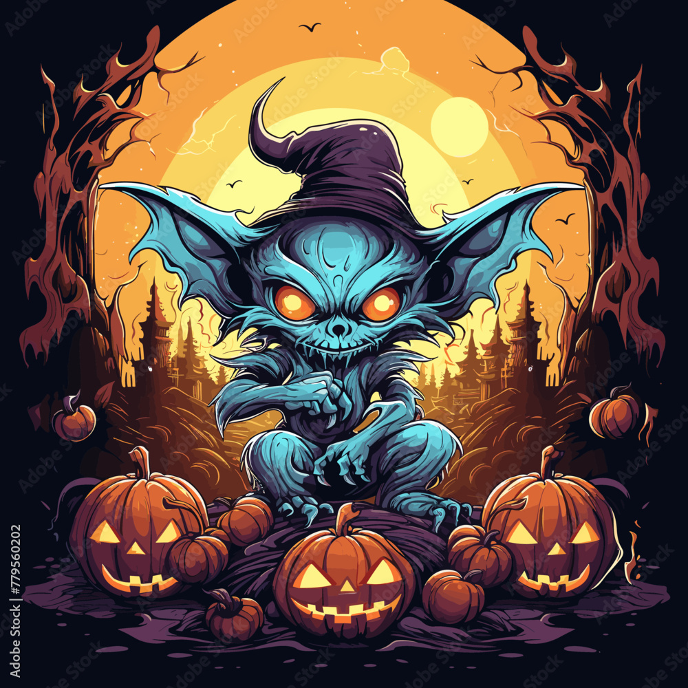 Vector of a goblin figure with carved pumpkins for Halloween