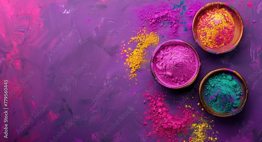 Top View of Colorful Happy Holi Festival Decoration with Holi Powder on Bright Purple Background. Perfect as a Banner or Art for Celebration
