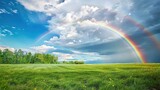 A vibrant rainbow stretching across a dramatic sky after a passing storm, casting colors over a peaceful meadow.