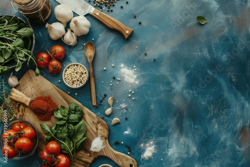 Top View of Uncooked Ingredients for Cooking on Blue Tabletop in Wooden Kitchen with Textured Background