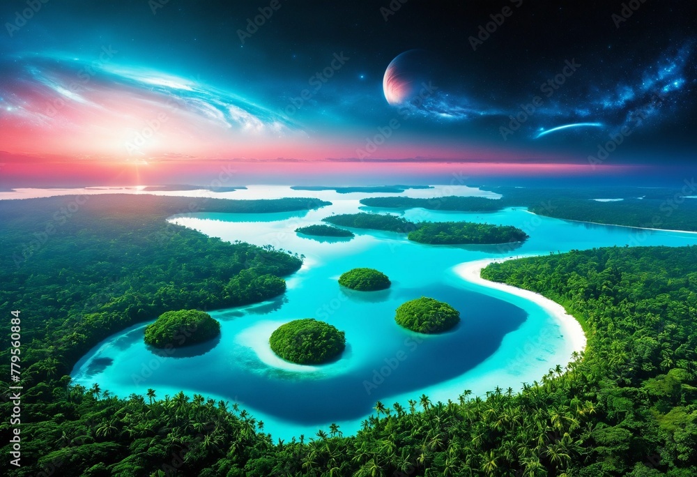 AI generated illustration of an aerial view of a tropical island with lush palm trees at sunset