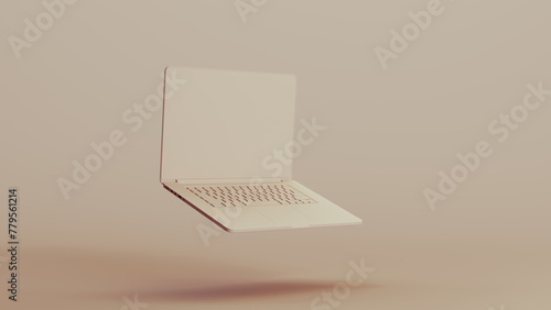 Laptop notebook computer neutral backgrounds soft tones beige brown open technology background front quarter right view 3d illustration render digital