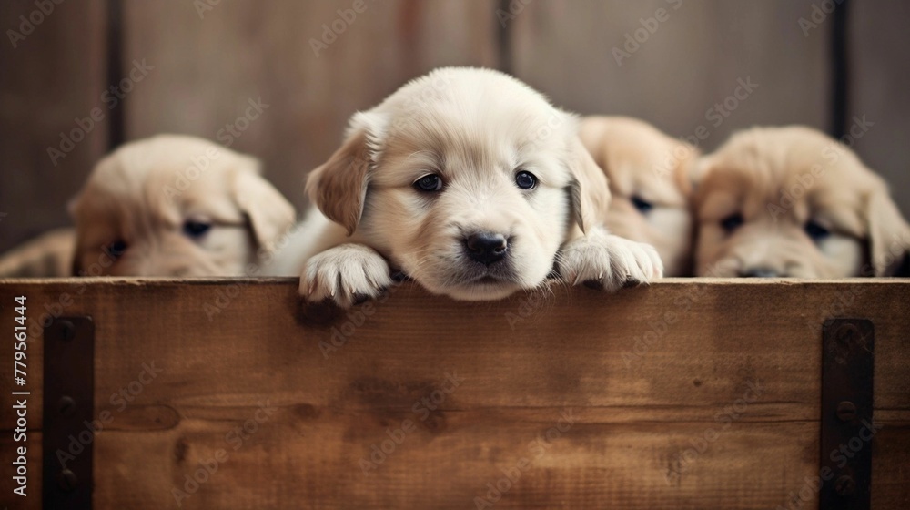 Group of young, playful puppies happily in a wooden crate. - obrazy, fototapety, plakaty 