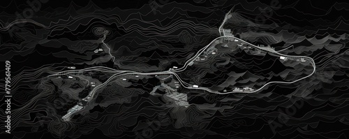 Black and white pattern with a Black background map lines sigths and pattern with topography sights in a city backdrop