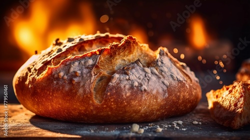 Rustic loaf of bread placed on a wood table in front of a cozy fireplace. AI-generated.