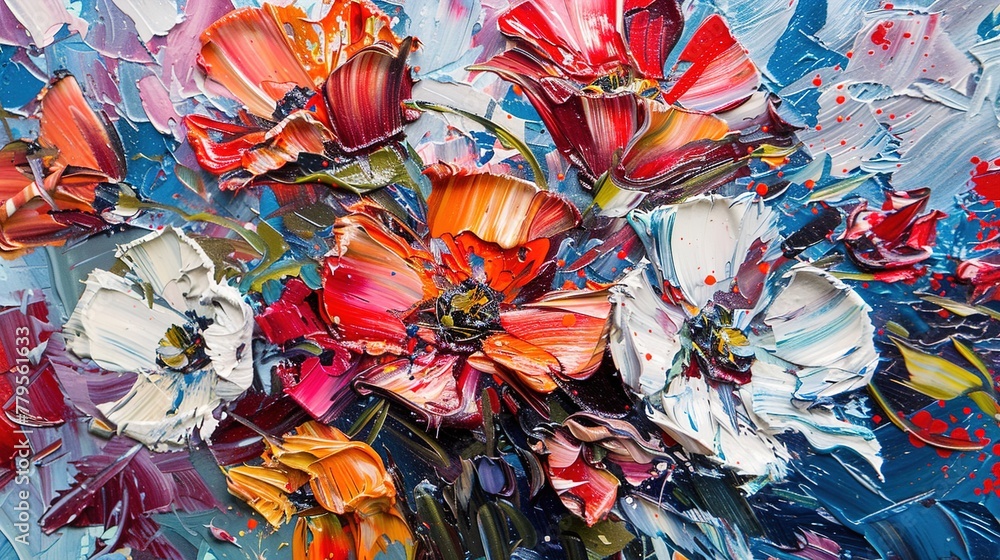 Bold oil paints applied with palette knives, creating a textured and dynamic floral still life composition.