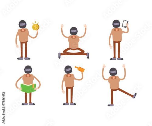 man wearing helmet characters in various poses vector illustration