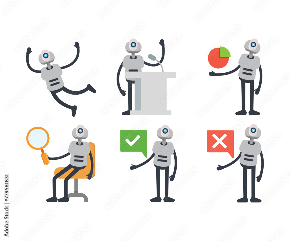 humanoid robot characters in various poses vector set humanoid robot characters in various poses vector set
