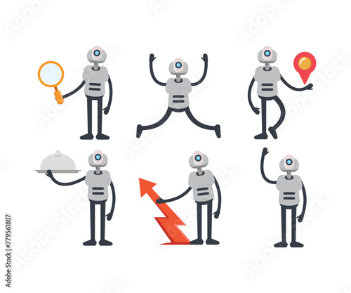 humanoid robot characters in various poses vector set