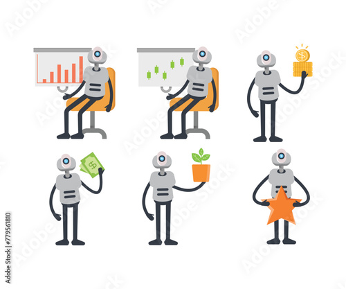 humanoid robot characters in various poses vector set