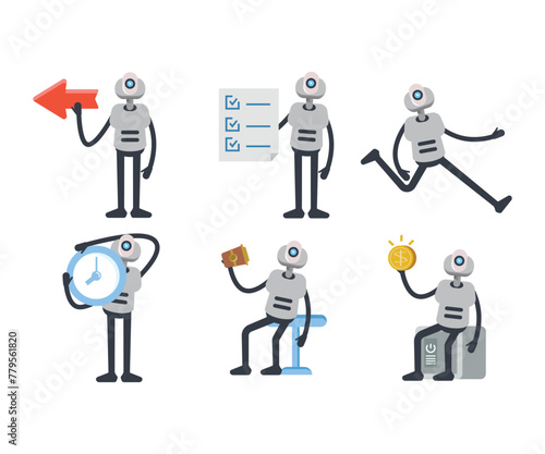 humanoid robot characters in various poses vector set