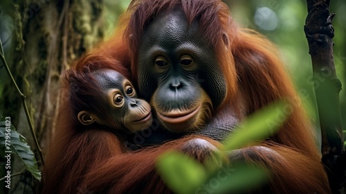 Mother and baby orangutan sharing a tender moment in the lush rainforest, AI-generated.