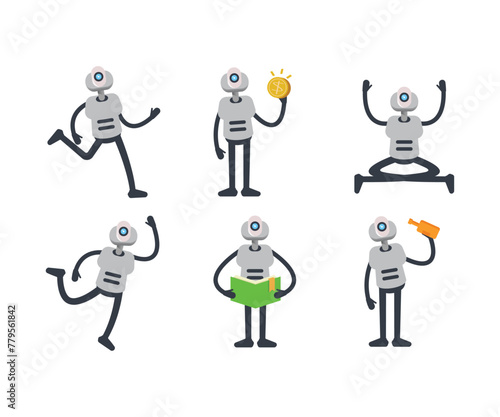 humanoid robot characters in various poses vector set