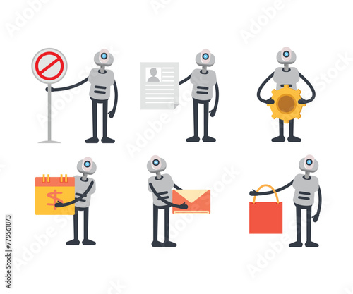 humanoid robot characters in various poses vector set