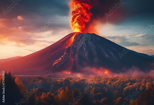 Volcanic Inferno: Fire blazing in mountains, lava spewing from active volcano, amidst clouds and sky Nature's spectacle