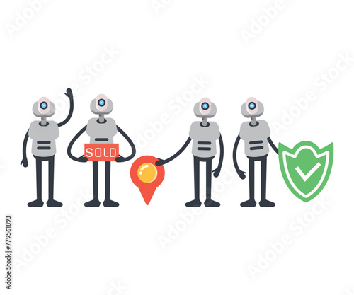 humanoid robot characters in various poses vector set