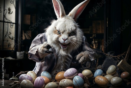 AI generated illustration of a frighteningly bad easter bunny holding colorful easter eggs photo
