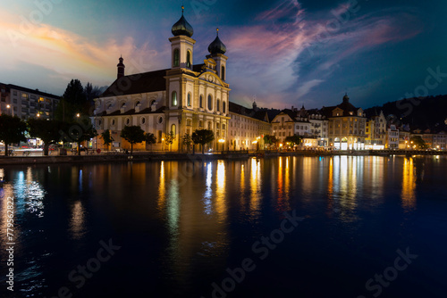 Lucerne (Luzern) panorama at night with view of Jesuit church and Reuss River, Switzerland