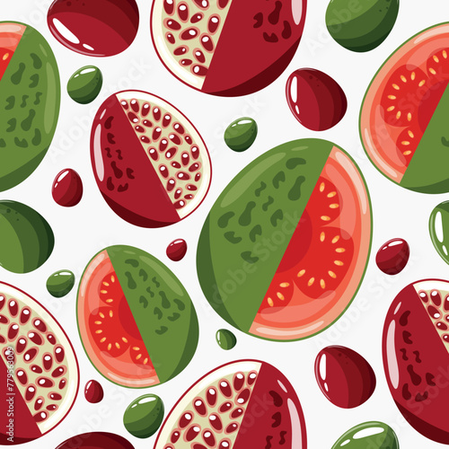 Easter seamless pattern with decorated eggs with guava, garnet and green, red eggs for holiday poster, textile or packaging	