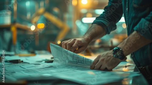 Architect Reviewing Blueprints on Worktable in Illuminated Workshop 