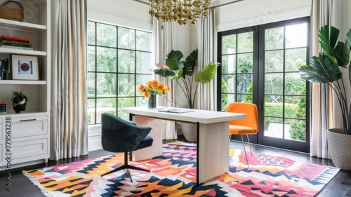 home office is brightened by a playful, geometric-patterned rug in bold colors, adding a touch of whimsy beneath a clean-lined desk photo