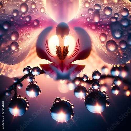 AI generated illustration of a macro orchid photography with water beads