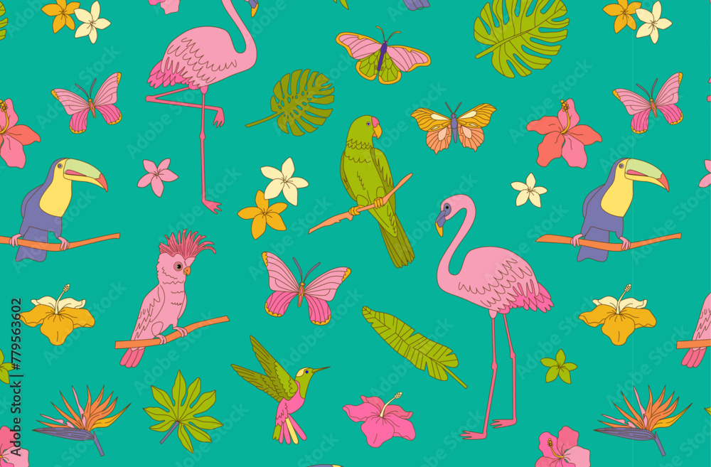 Tropical wildlife pattern with flamingos, parrots, toucans, palm leaves and flowers on teal background. Design for textile, wallpaper, print. Summer vacation and travel concept.