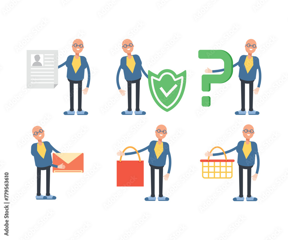 bald businessman characters set in various poses vector illustration bald businessman characters set in various poses vector illustration