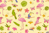 Tropical wildlife pattern with flamingos, parrots, toucans, palm leaves and flowers on yellow background. Design for textile, wallpaper, print. Summer vacation and travel concept.