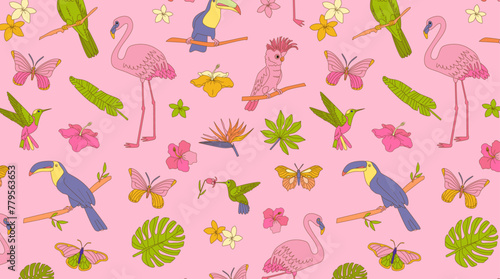 Tropical wildlife pattern with flamingos, parrots, toucans, palm leaves and flowers on light pink background. Design for textile, wallpaper, print. Summer vacation and travel concept.