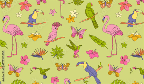Tropical wildlife pattern with flamingos, parrots, toucans, palm leaves and flowers on green background. Design for textile, wallpaper, print. Summer vacation and travel concept.