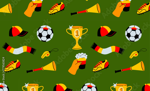 Football match championship wallpaper on dark green background. Seamless pattern of Germany soccer elements. Sports event and fan culture concept. Design for textile, wallpaper, print.