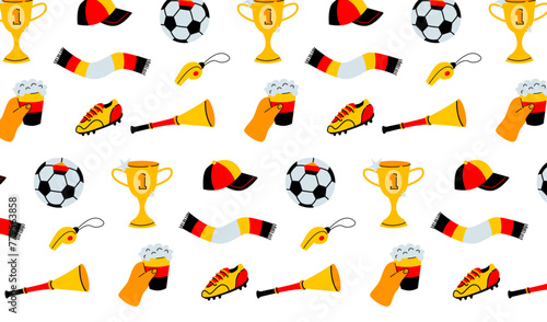 Football match championship wallpaper on white background. Seamless pattern of Germany soccer elements. Sports event and fan culture concept. Design for textile, wallpaper, print
