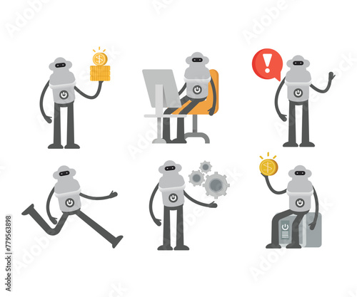 humanoid robot characters in various poses vector set