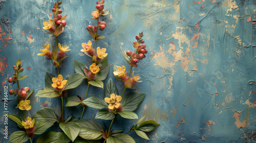Gentle Flowers Emerge From A Crumbling Turquoise Tapestry