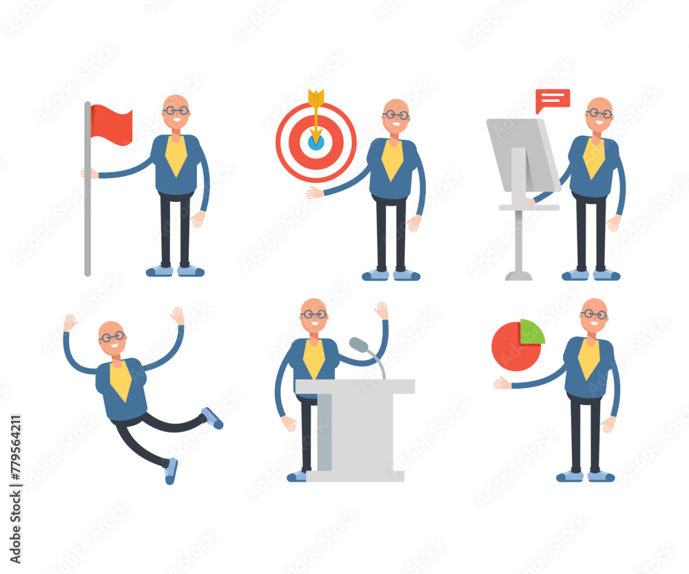 bald businessman characters set in various poses vector illustration bald businessman characters set in various poses vector illustration