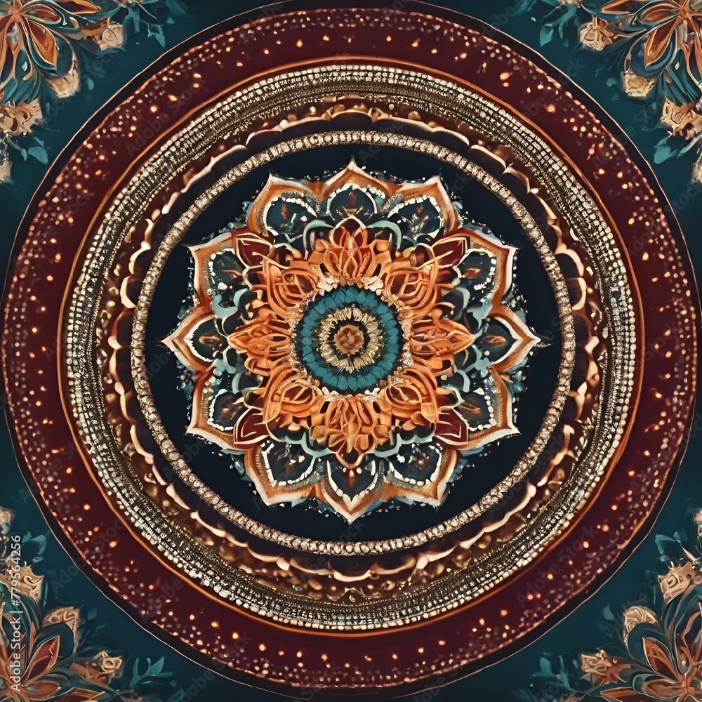AI generated illustration of floral tapestry with abundant flowers on blue and brown backdrop