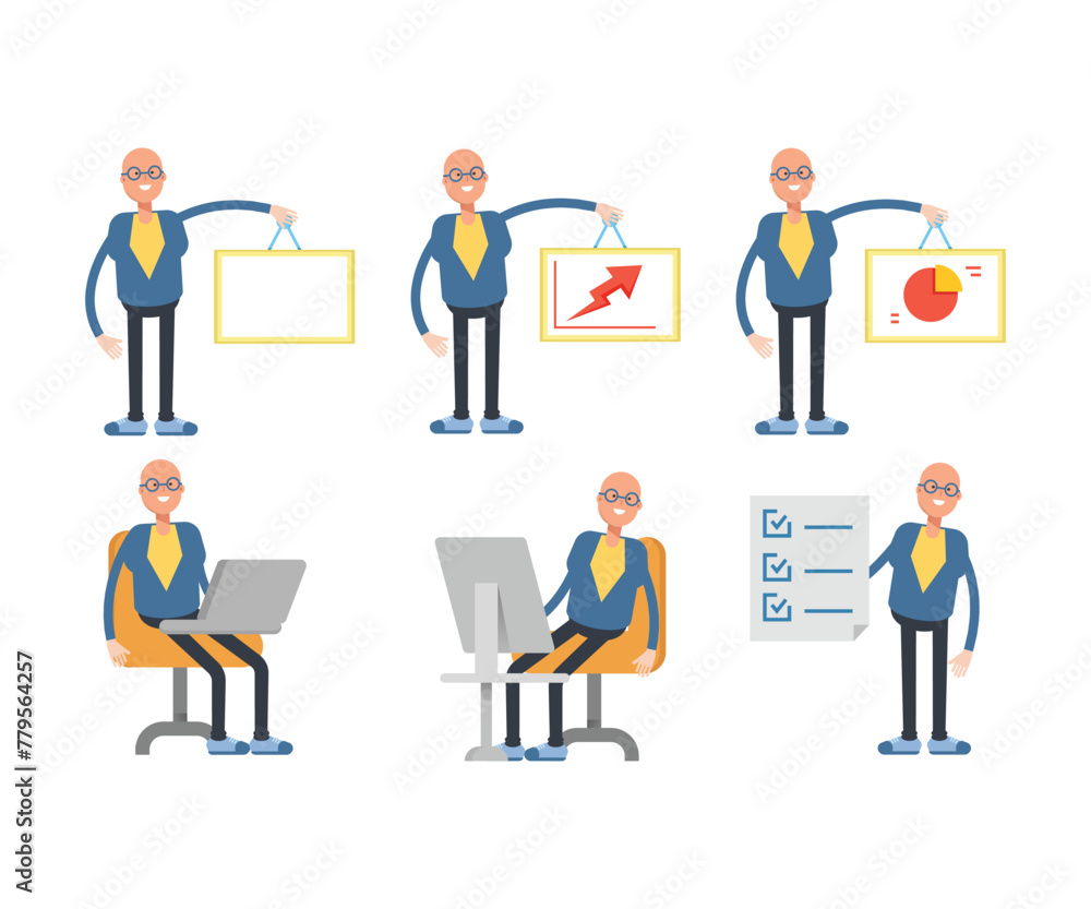 bald businessman characters set in various poses vector illustration bald businessman characters set in various poses vector illustration