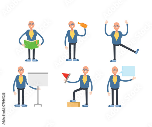 bald businessman characters set in various poses vector illustration
